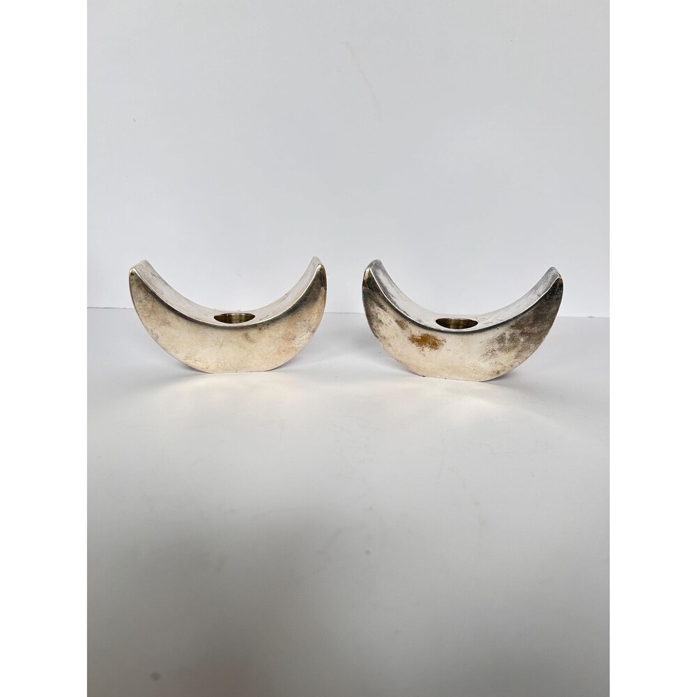 Vintage Mid Century Modern Silver Crescent Candle Holders -Sculptural Minimalist